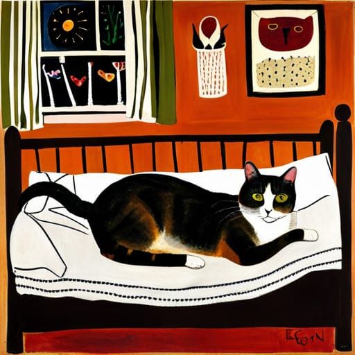 Cat Reading in Bed: Expressive and Surreal Art