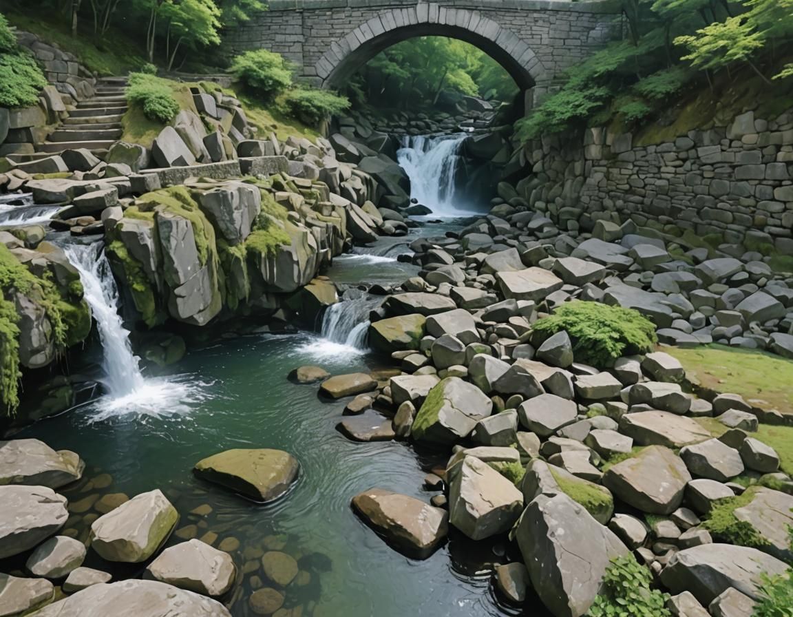 Anime Cascade Beneath Stone Bridge in Shadow