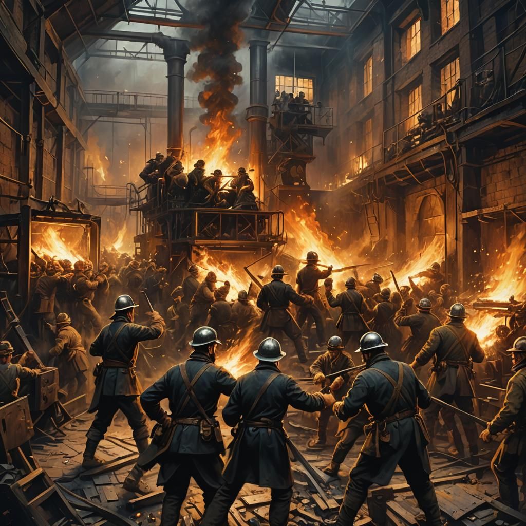 Industrial Revolution Factory Clash: Gritty Oil Painting