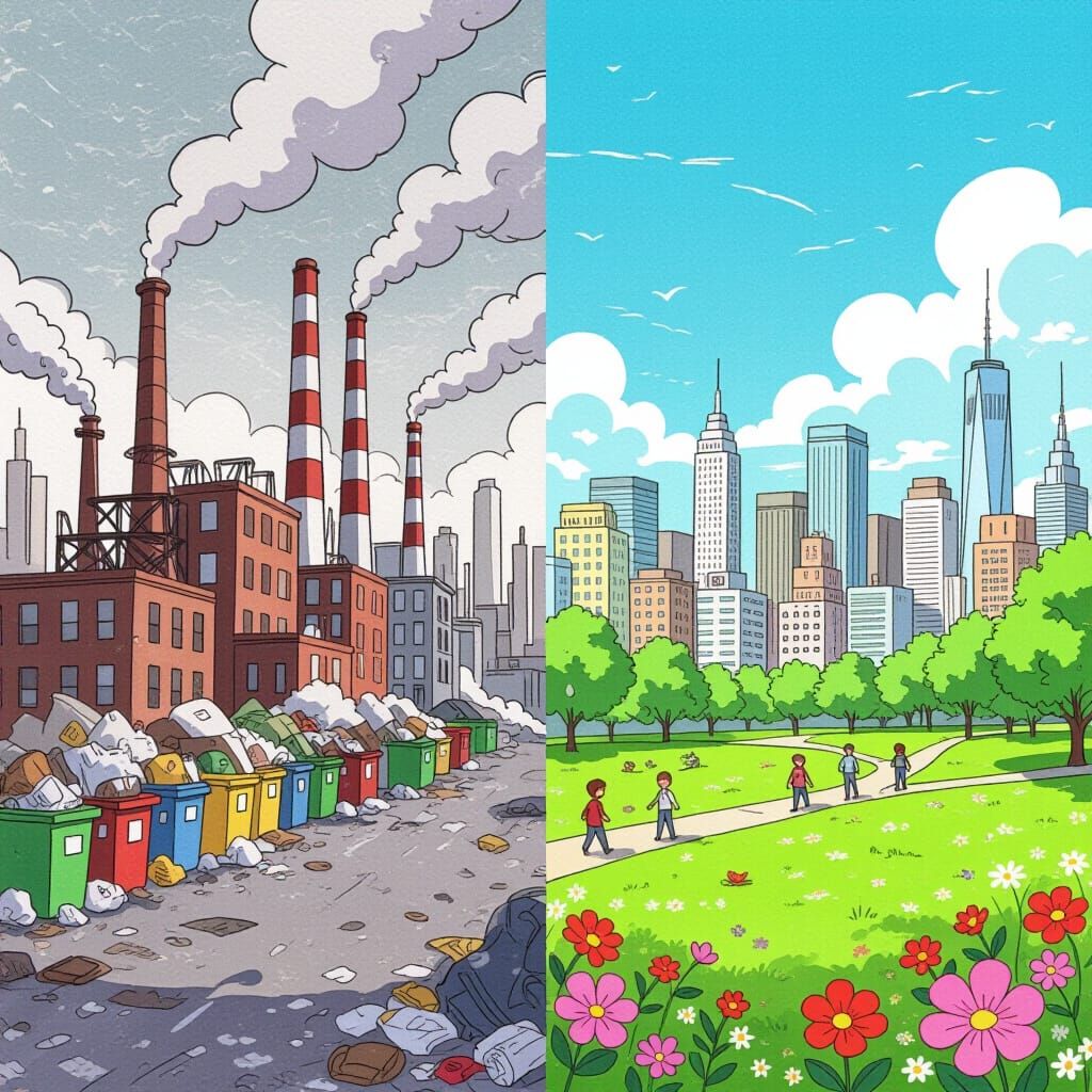 Contrasting Cityscapes in Watercolor Style