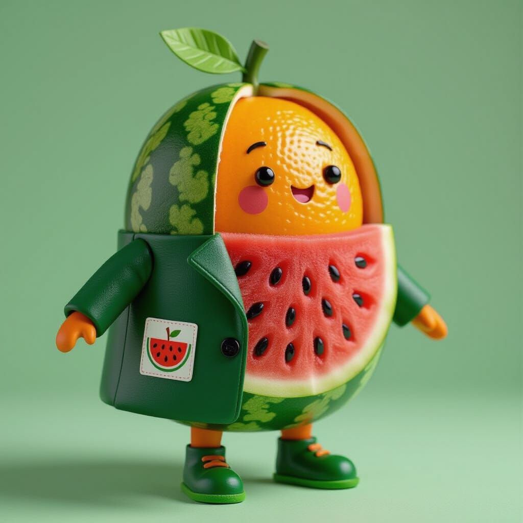 Whimsical Orange Character in Watermelon Coat Illustration