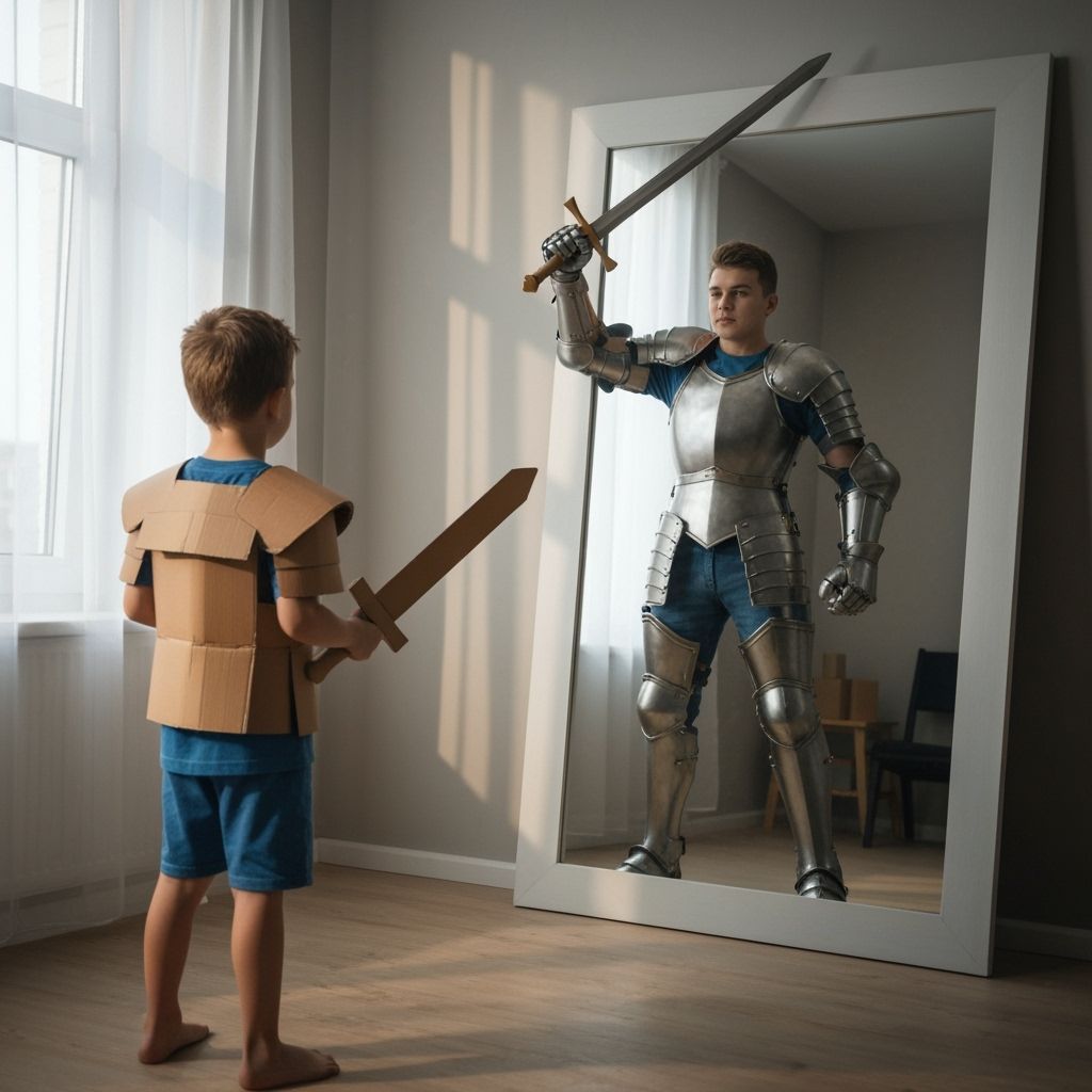 Boy's Reflection Transforms to Knight in Photorealistic Mast...