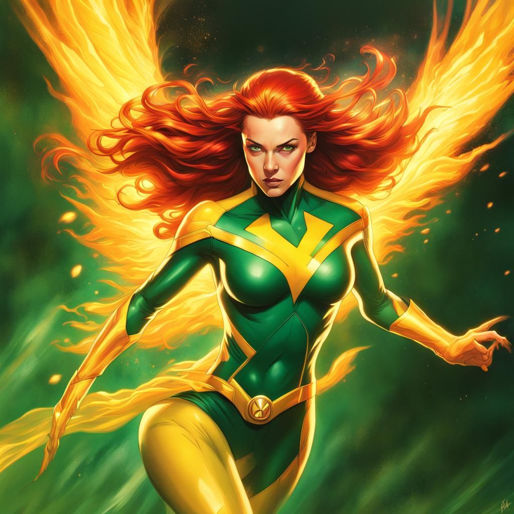 Jean Grey Phoenix in Flight, Hyperrealistic Splash Art