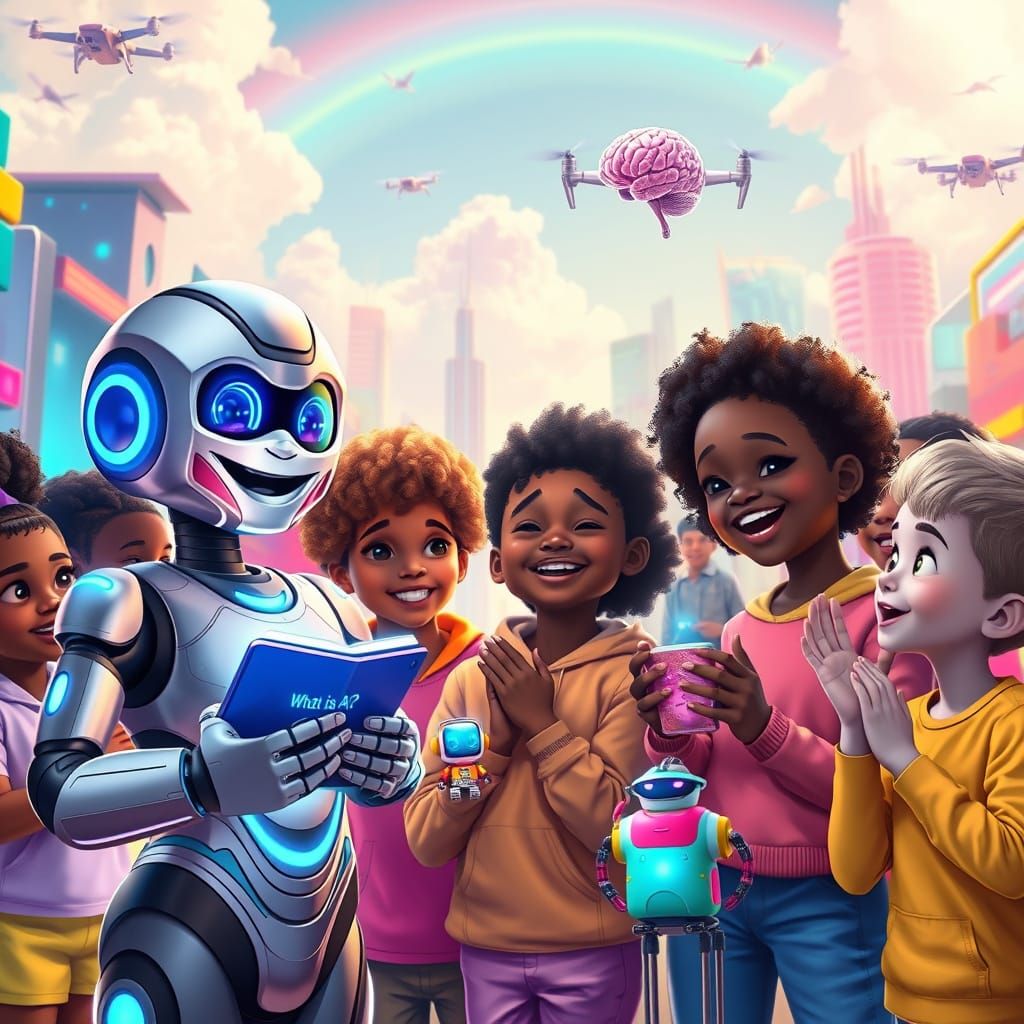 Happy Kids Explore AI in a Futuristic City