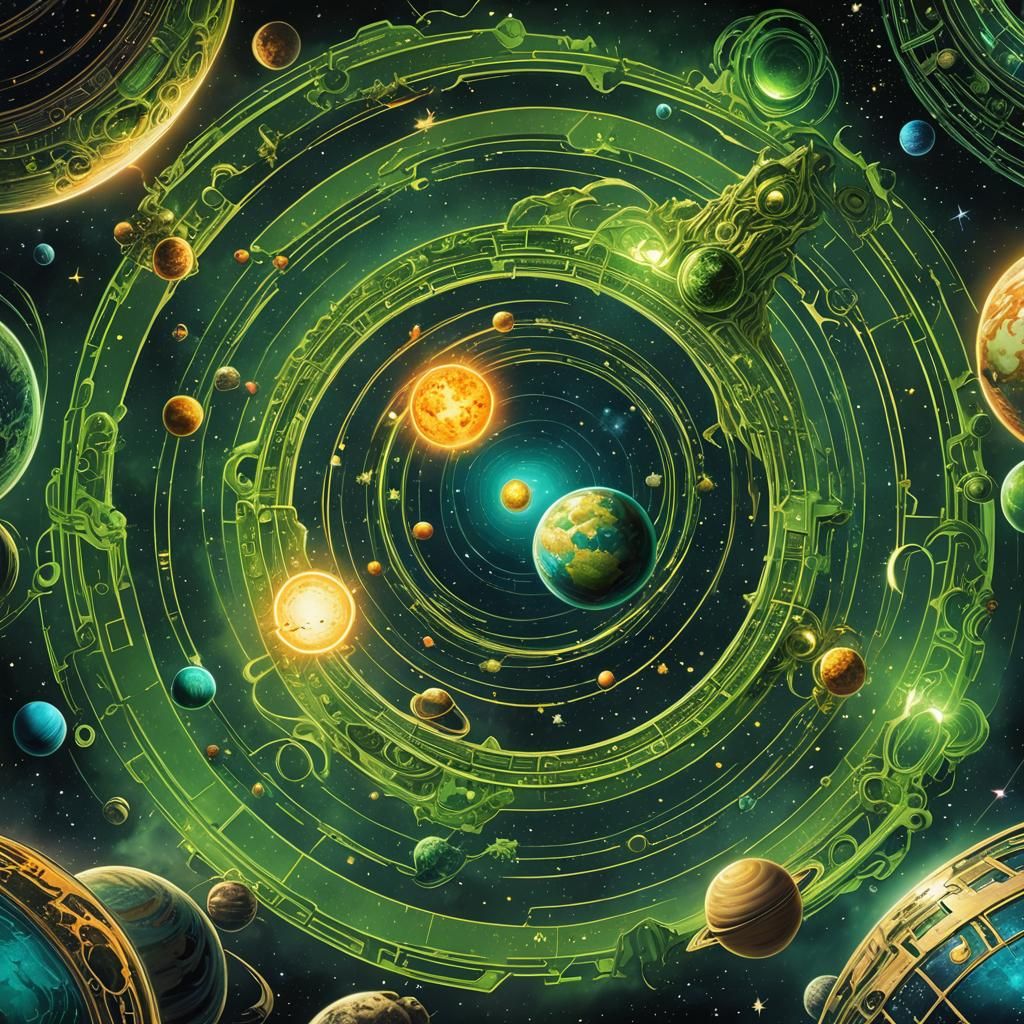 Ringed Planet with Green Stars: Comic Book Art