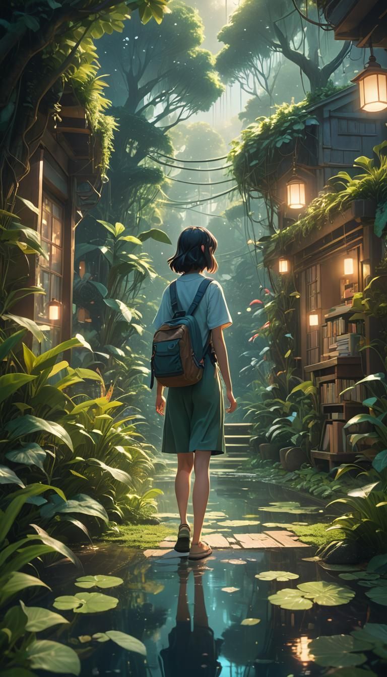 Girl Walking to Tranquil Haven: Surreal Concept Art