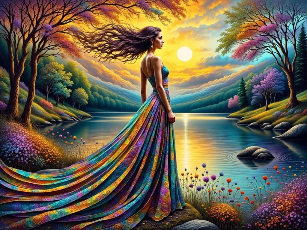 Ethereal Goddess in Rainbow-Hued Fantasy Landscape