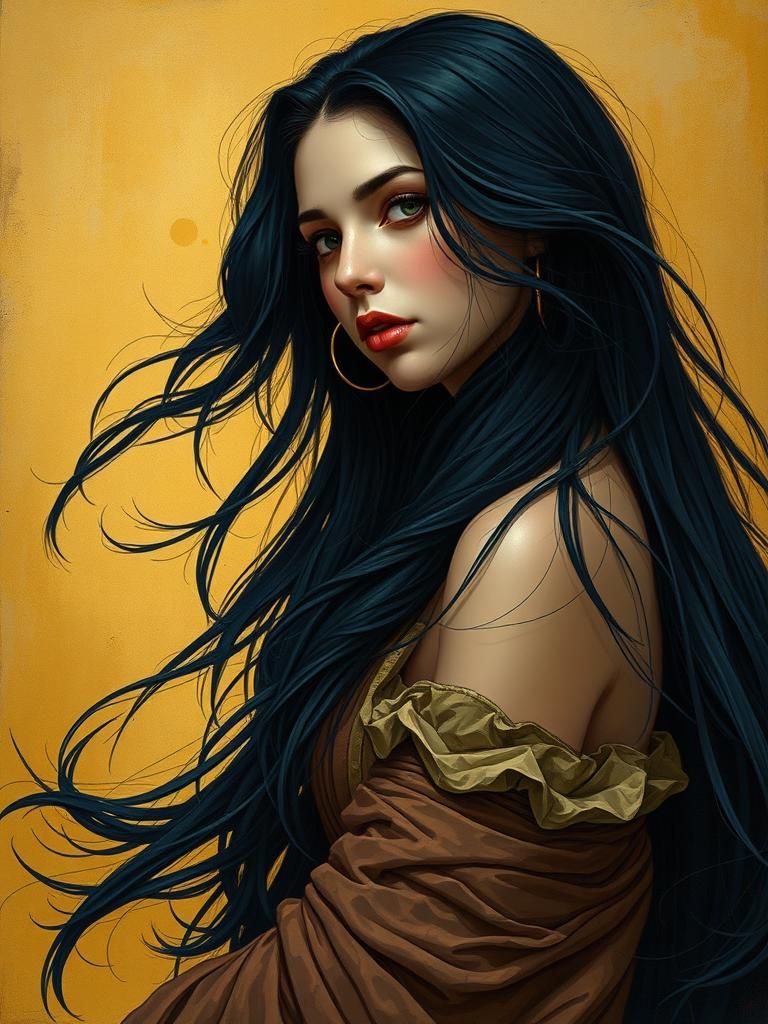 Woman with Black Hair in Gold Painting