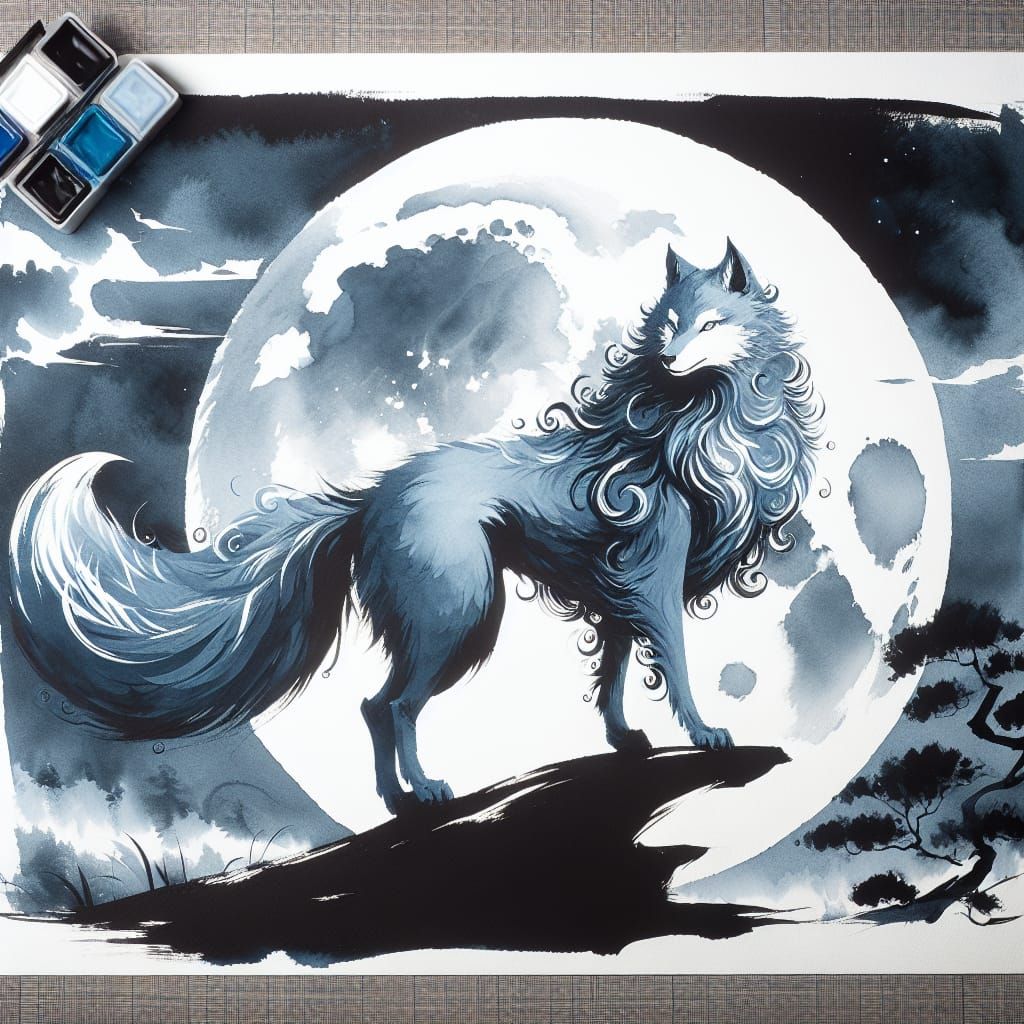 Blue Canine Creature by Full Moon, Ink Illustration