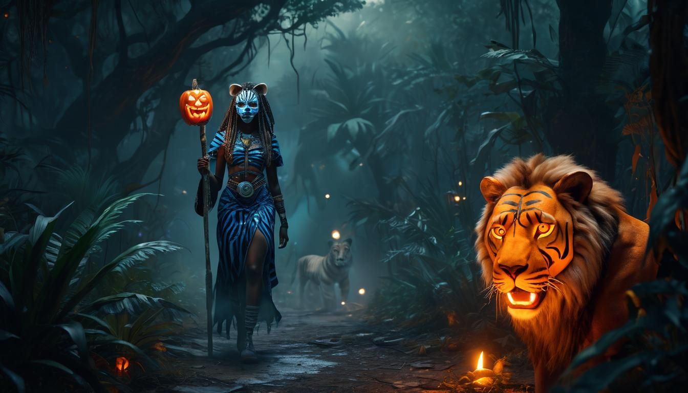 Surreal African Sorceress Lights Jungle Path