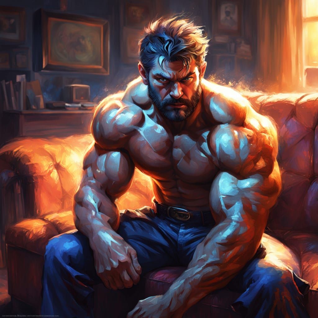 Muscular Man Slumps on Couch in Vibrant Oil Painting