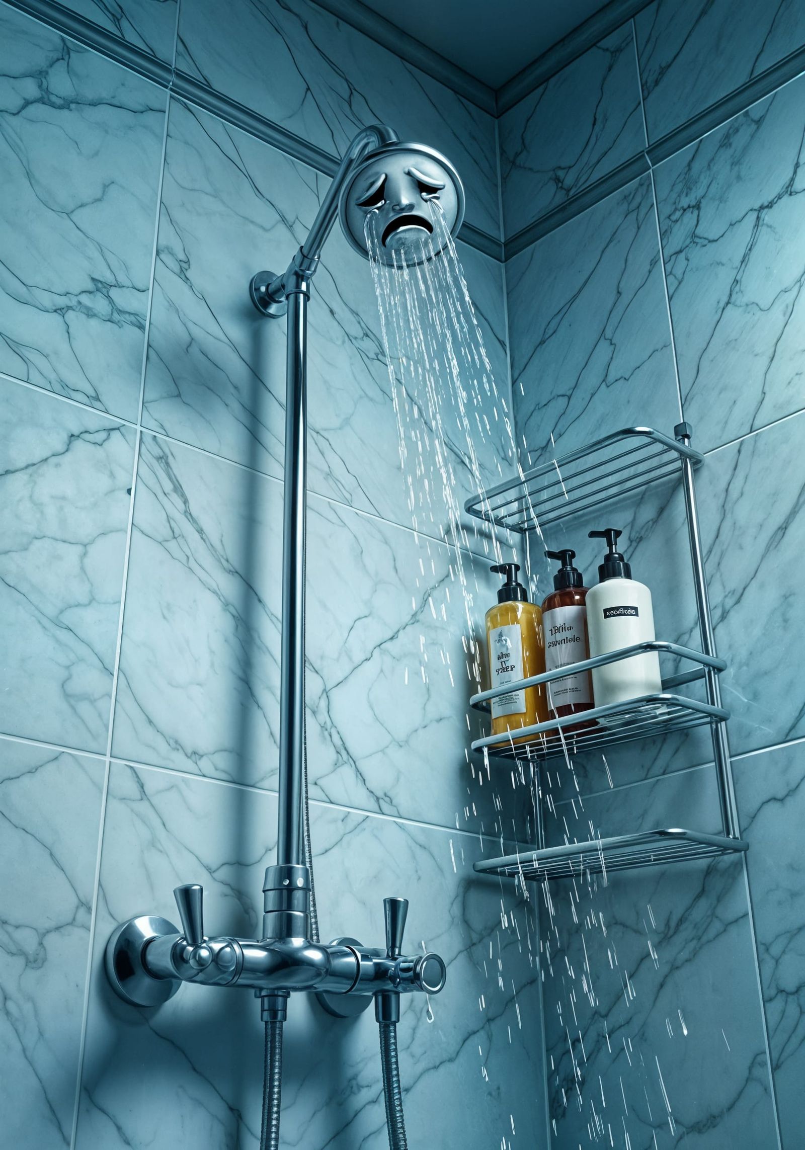 Sad Showerhead Crying Water in Ultra Detailed Bathroom