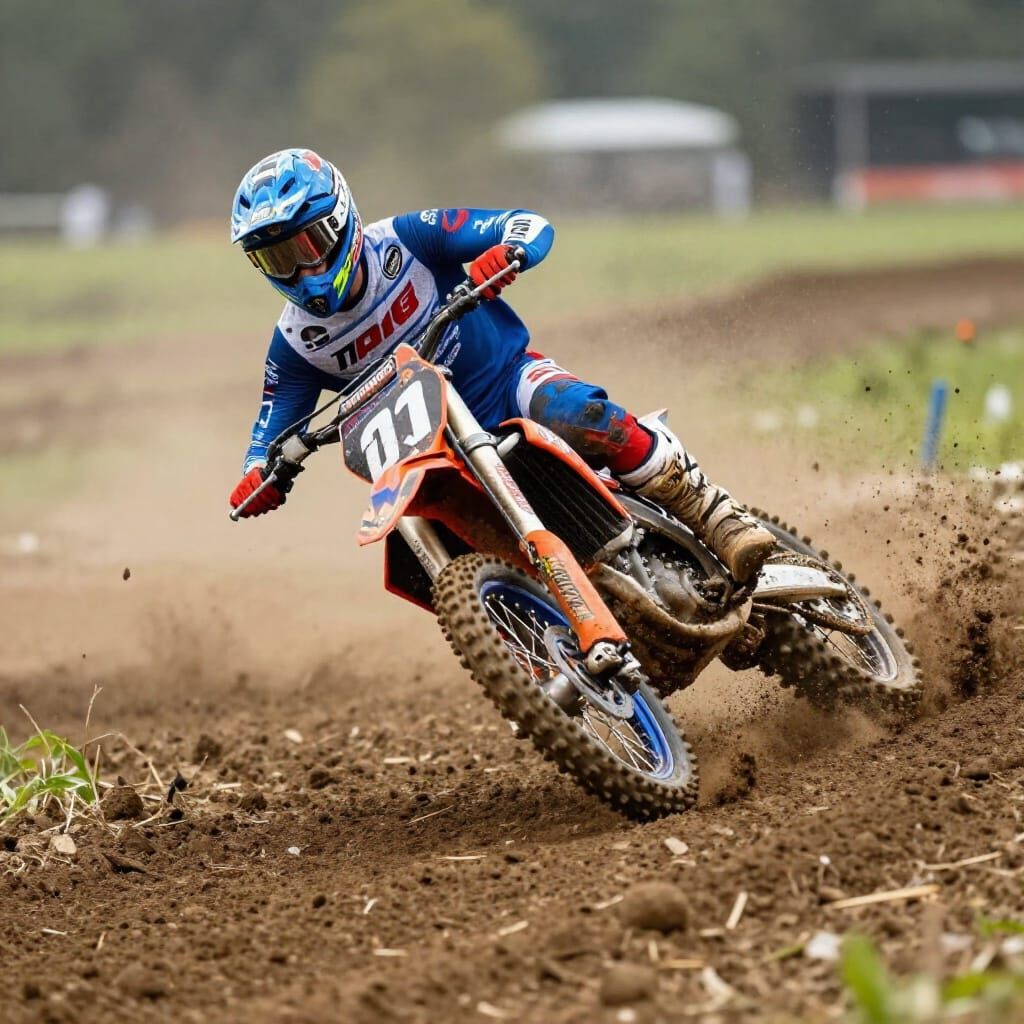 Motocross Champion Drifting on Muddy Track with Flying Dirt