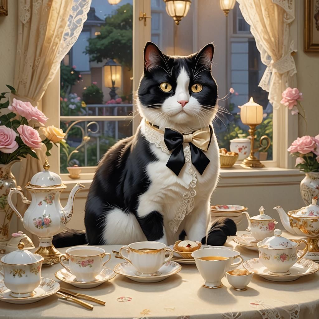 Tuxedo Cat's Tea Party: 3D Anime Art