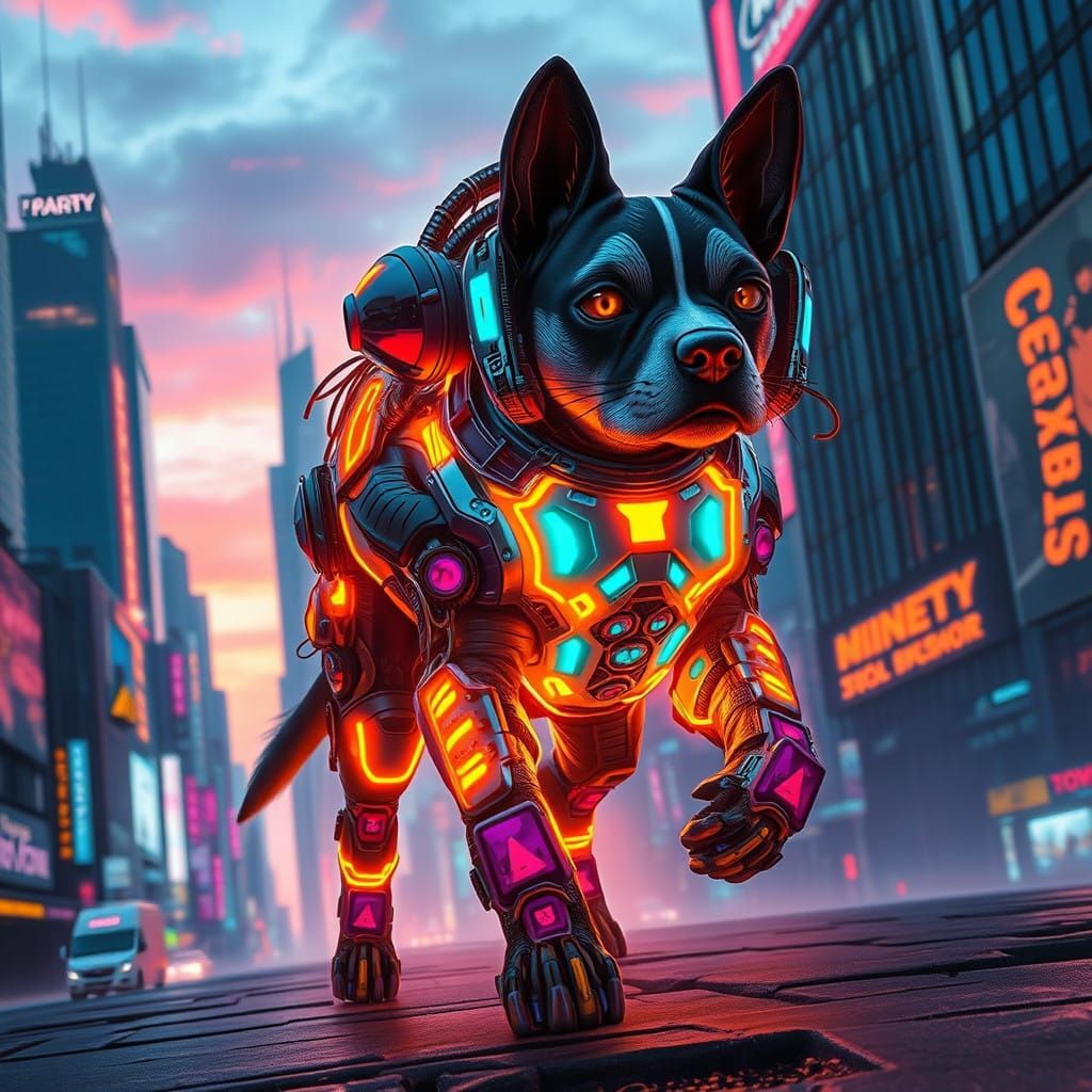 Cyberpunk Canine Emerges from Dystopian Night