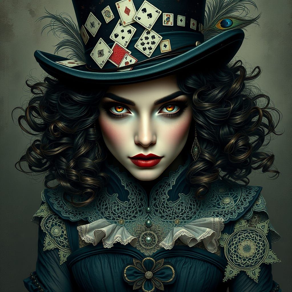 Enigmatic Woman with Untamed Gaze and Whimsical Attire