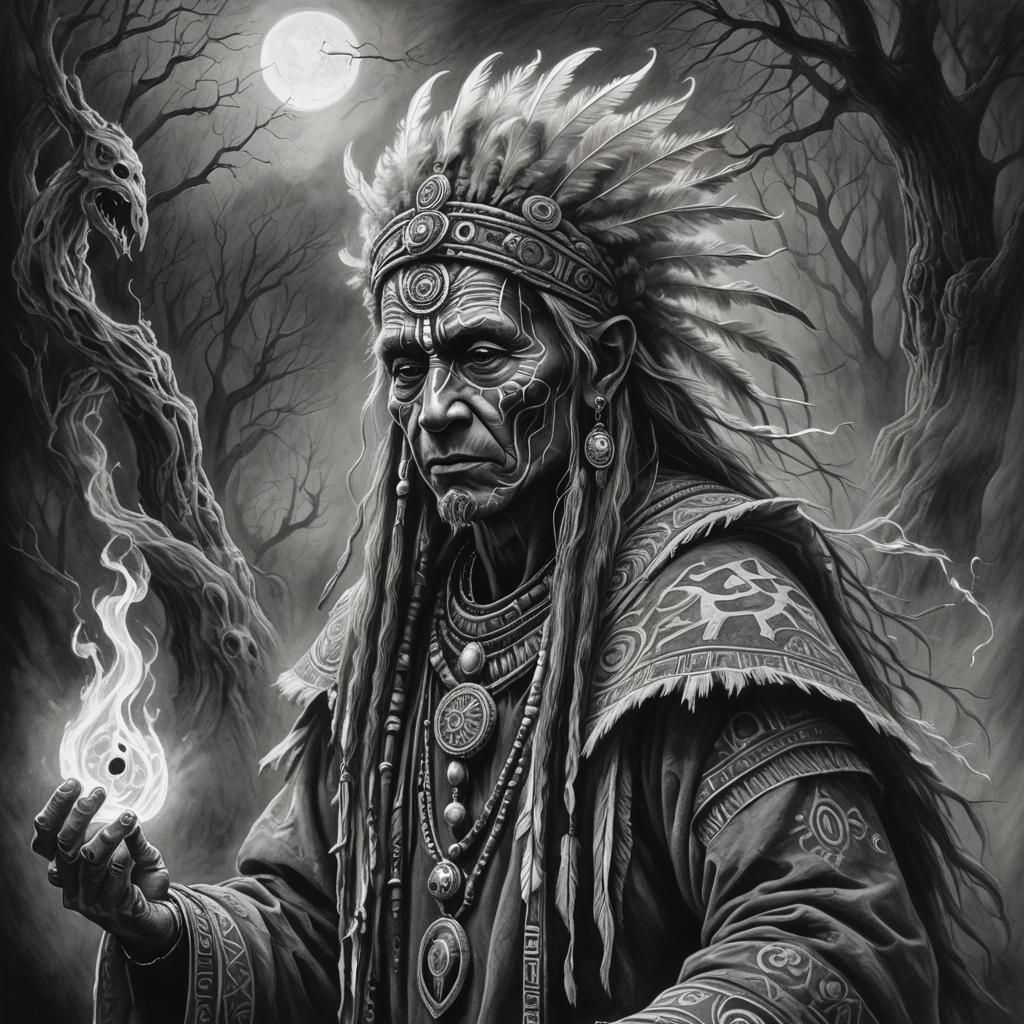 Black and White Shaman's Ghostly Encounter in Charcoal