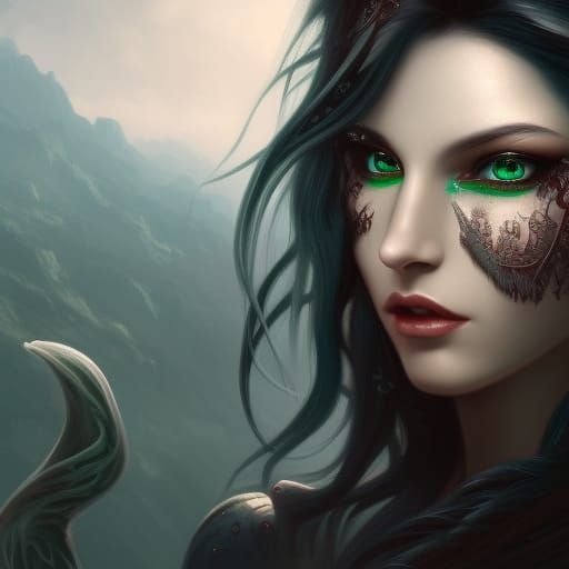 Green-Eyed Girl with Black Hair: Fantasy Art