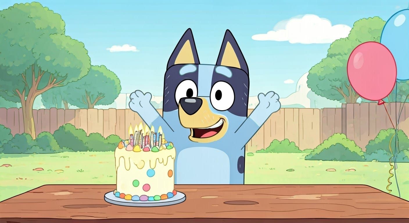 Bluey Celebrates Birthday in Animated Cartoon Style