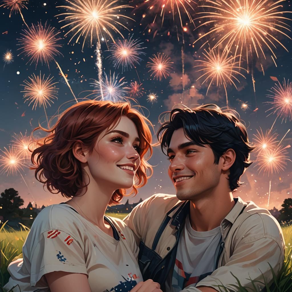 Couple Kissing Under Fireworks: Art Nouveau Portrait