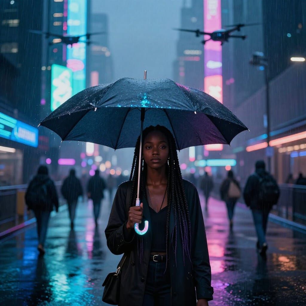Cyberpunk Woman in Neon City Rain