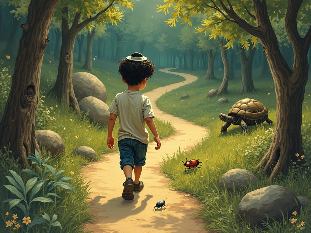 Whimsical Jewish Boy Walks with Forest Creatures in Chagall-...