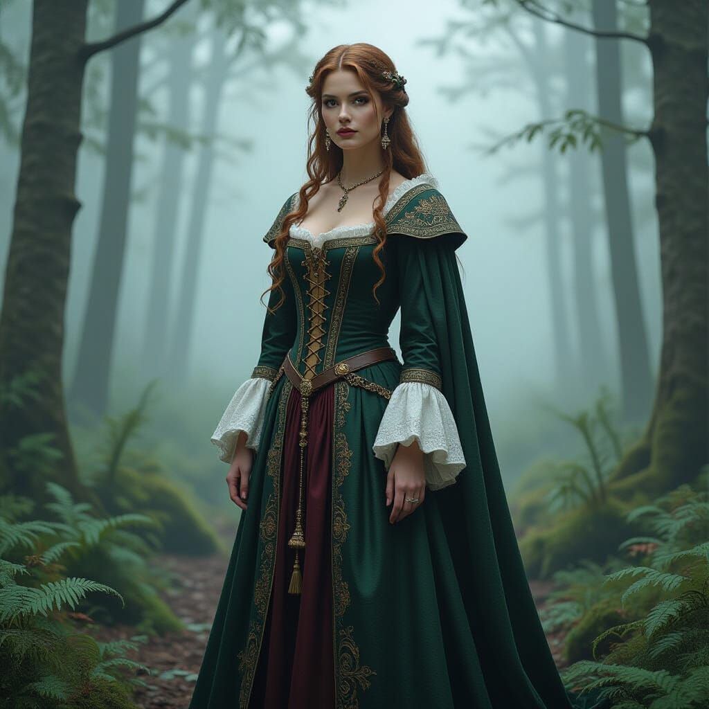 Medieval Sorceress in Misty Forest, Art Nouveau Style