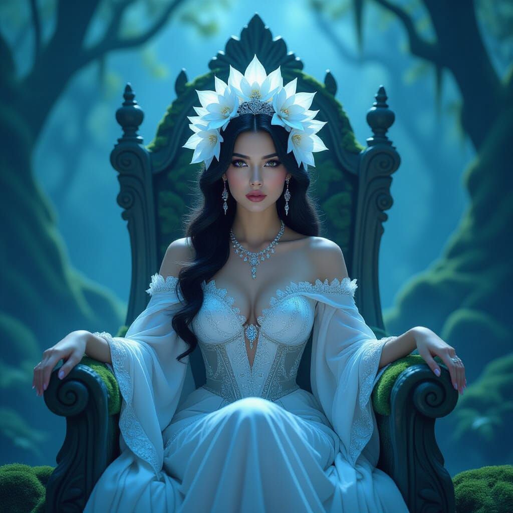 Majestic Moonflower Queen on Ancient Stone Throne