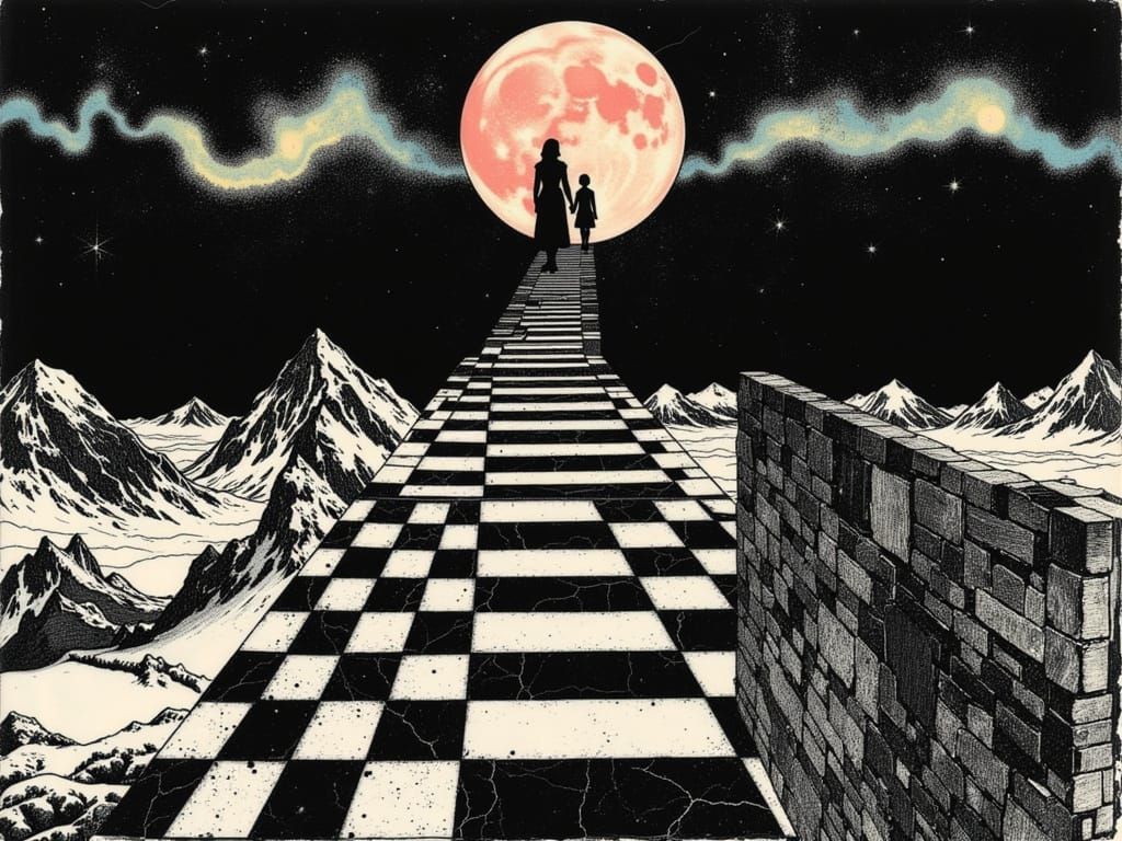 Alice and Neo's Surreal Descent: Escher and Klimt Style