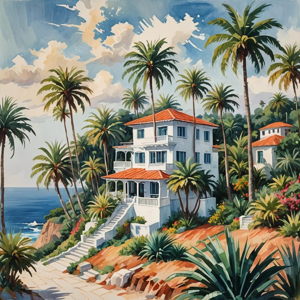 Modern Home on Hill: Gouache Impressionist Painting