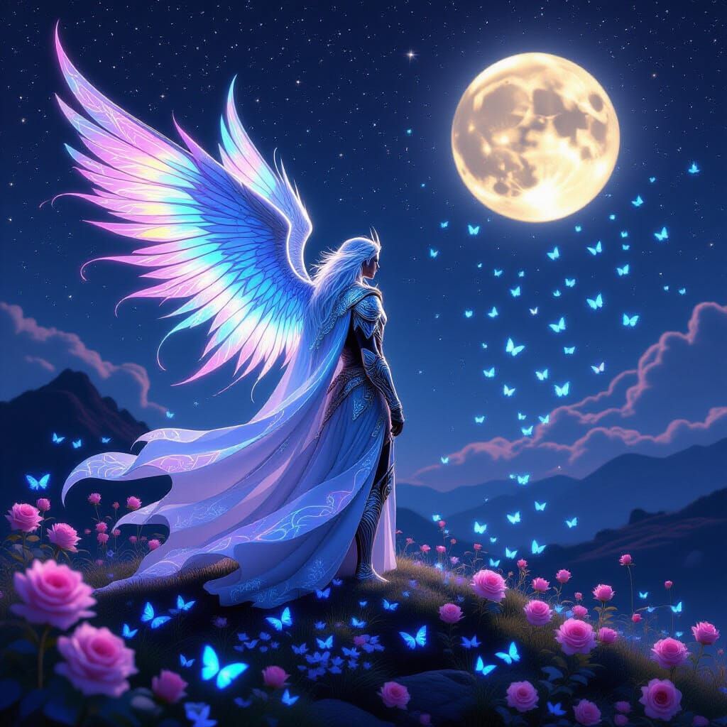 Fae Lord with Bioluminescent Wings on Hill