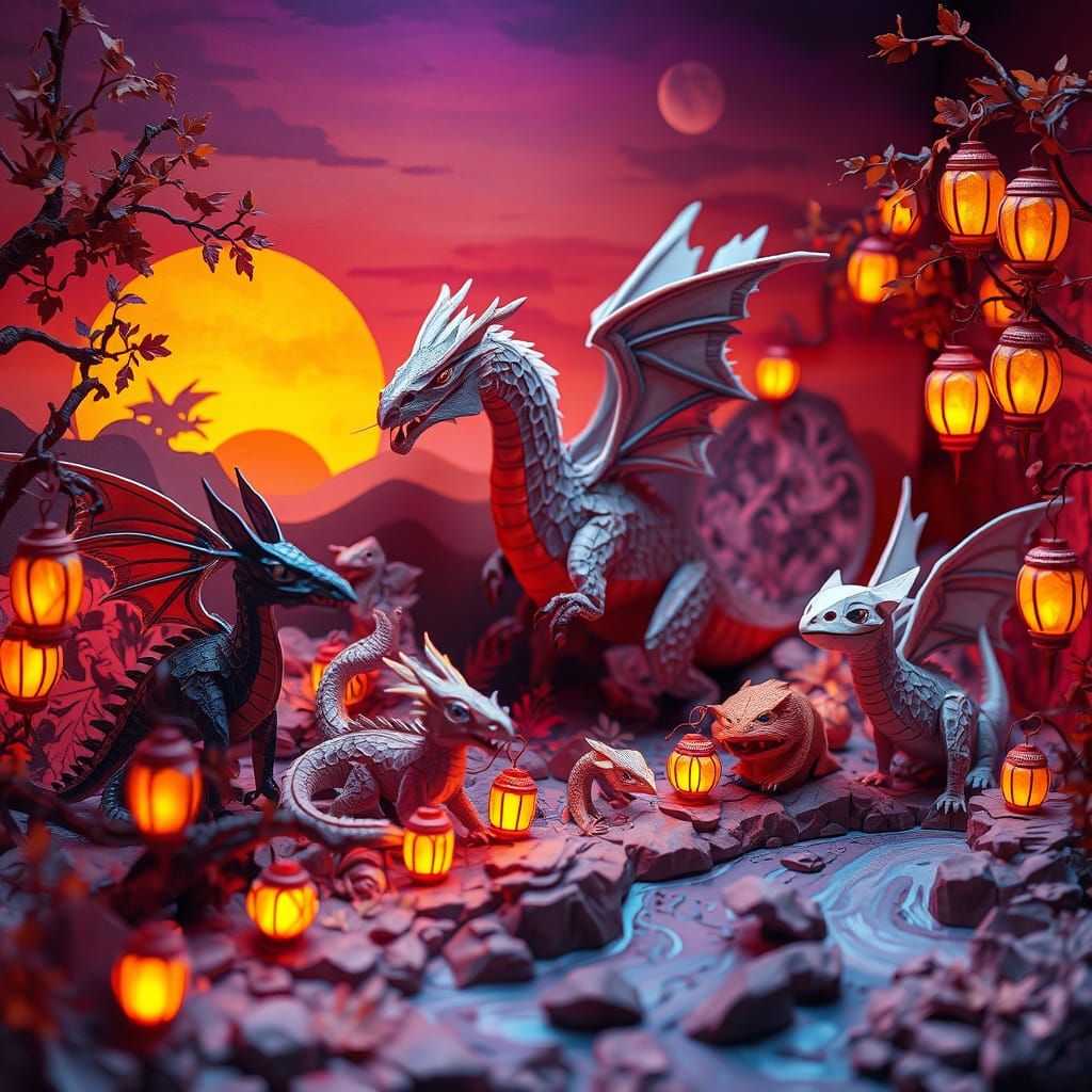 Mythical Paper Creatures in Sunset Light