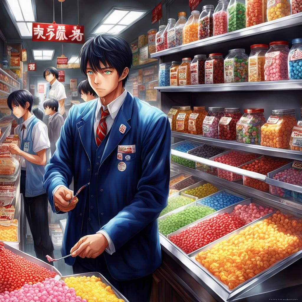 Hyperrealistic Candy Man in Anime Key Visual Style