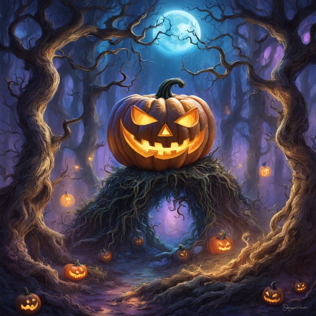 Magical Glowing Pumpkin in Ethereal Forest