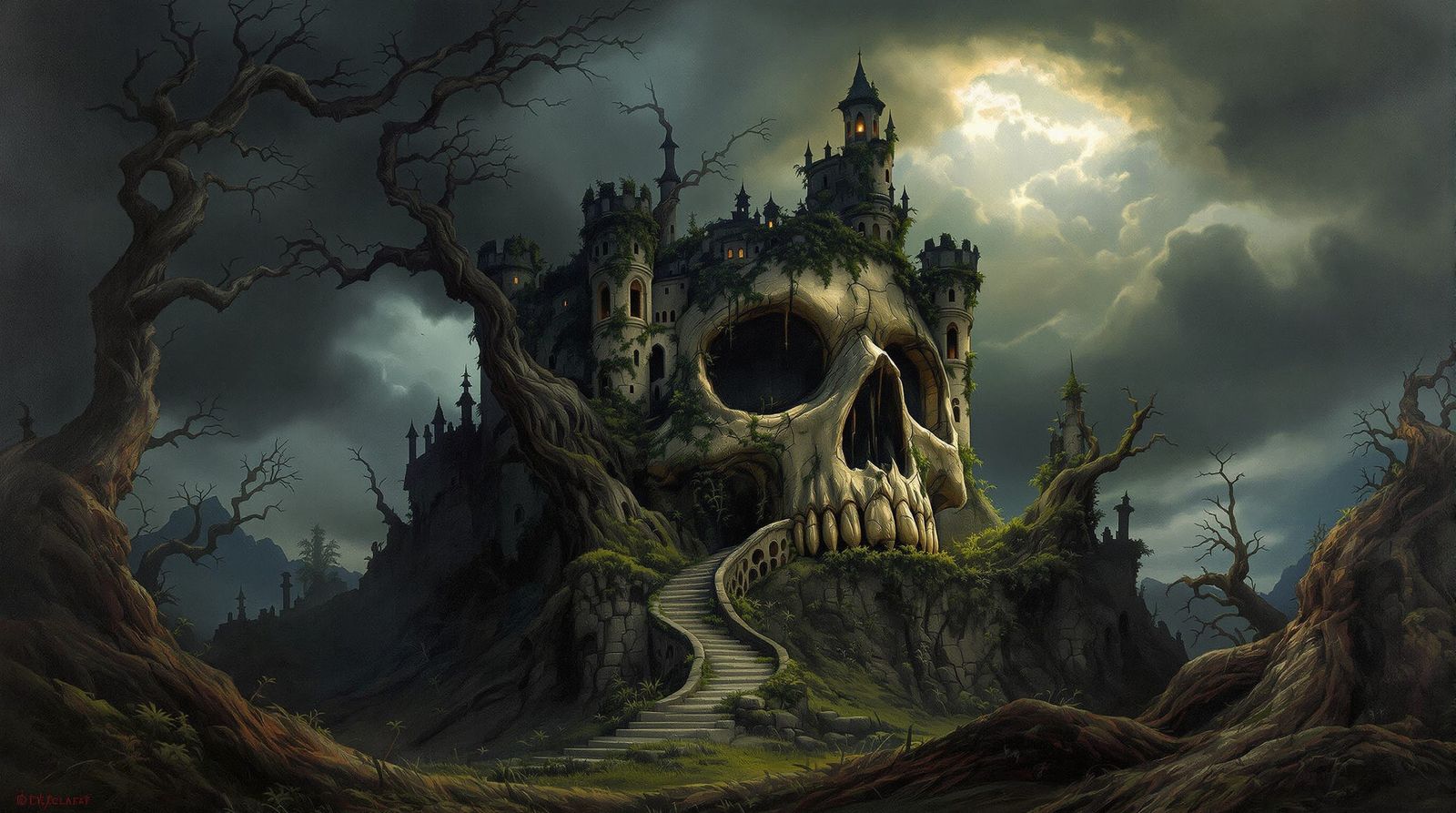 Frazetta-Inspired Skull Castle in Dark Forest