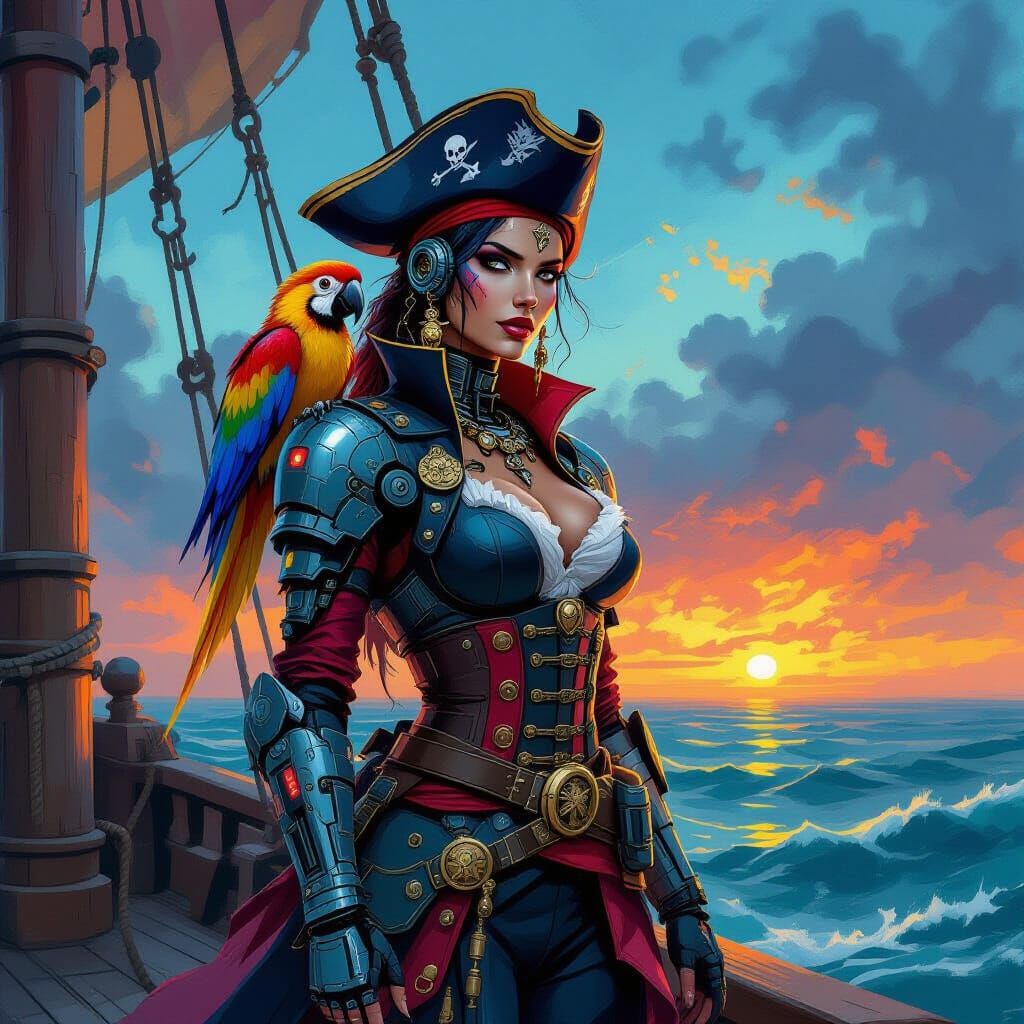 Pirate Queen with Cybernetic Parrot in Abstract Style