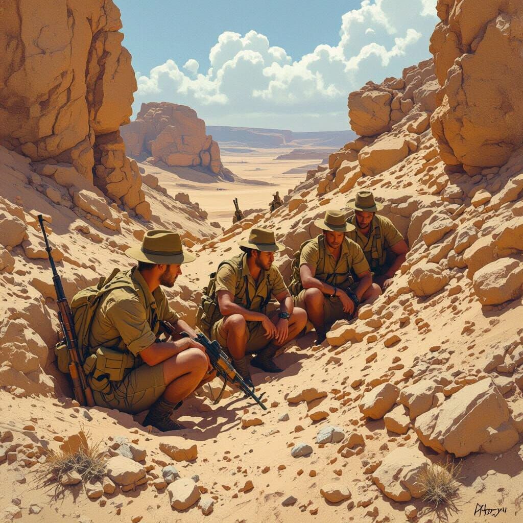 Australian Soldiers in Desert Trenches: Matte Painting Style