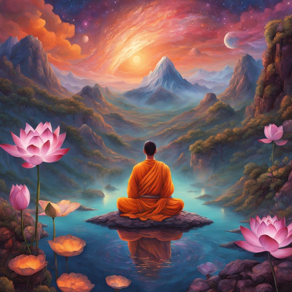 Serene Monk Meditating Above Reflective Lake at Dawn