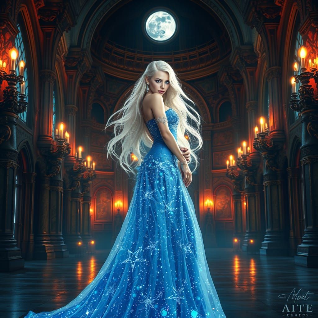 Stunning Woman in Starlight Gown at Enchanted Ball