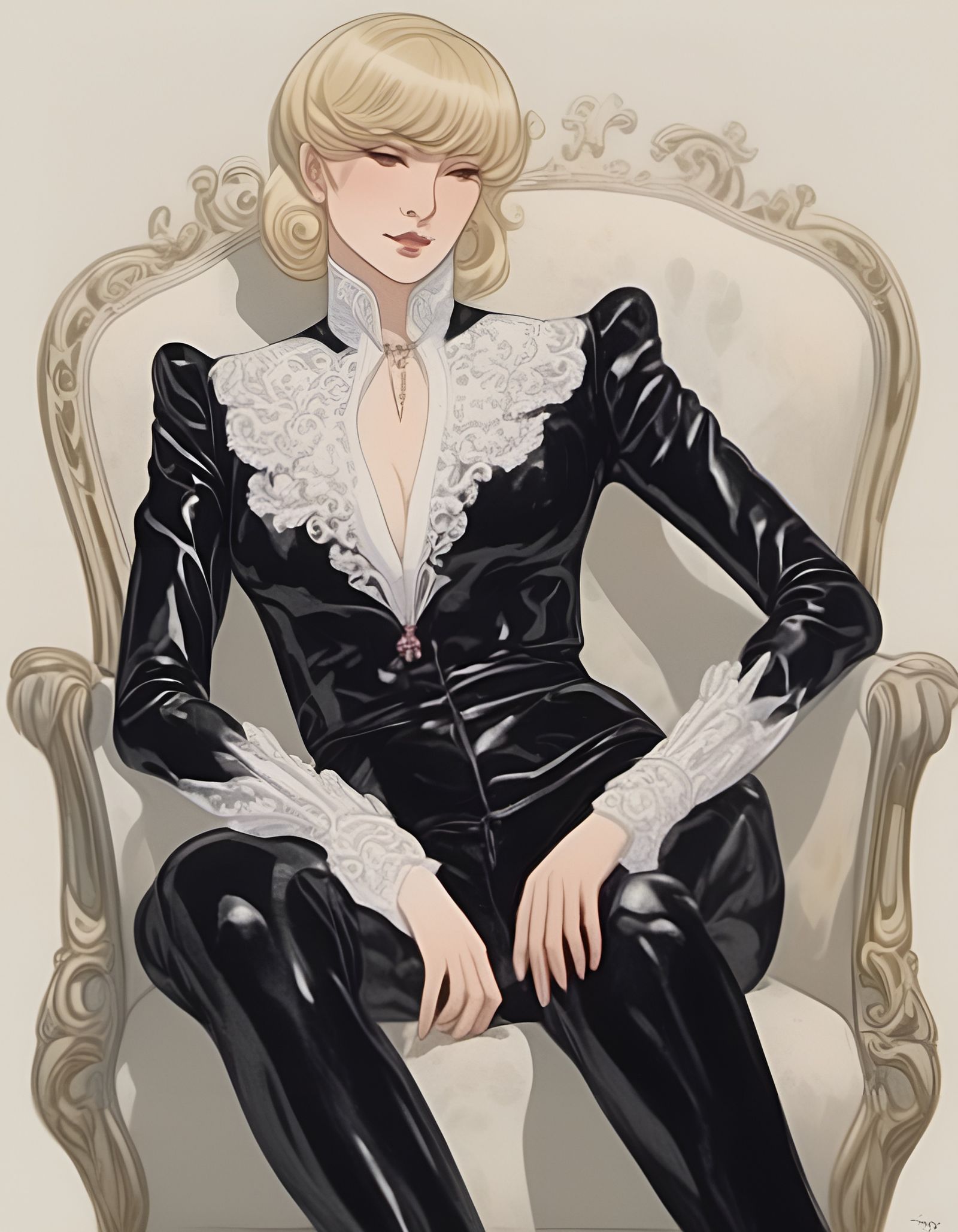 androgenous masculine delicate kpop idol seated in high back chair with legs crossed holding aloft end of sword in right...