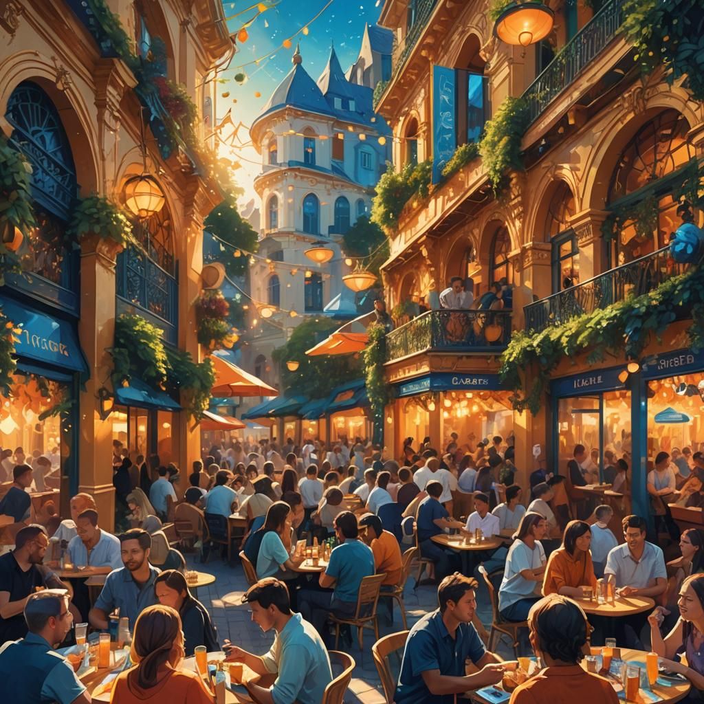 Vibrant Fantasy Cafe Scene with Street Performers