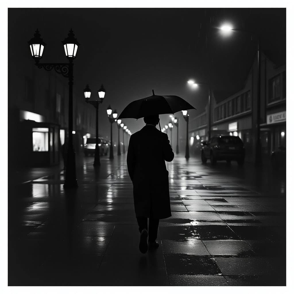 Monochrome Cityscape: Rain and Solitude
