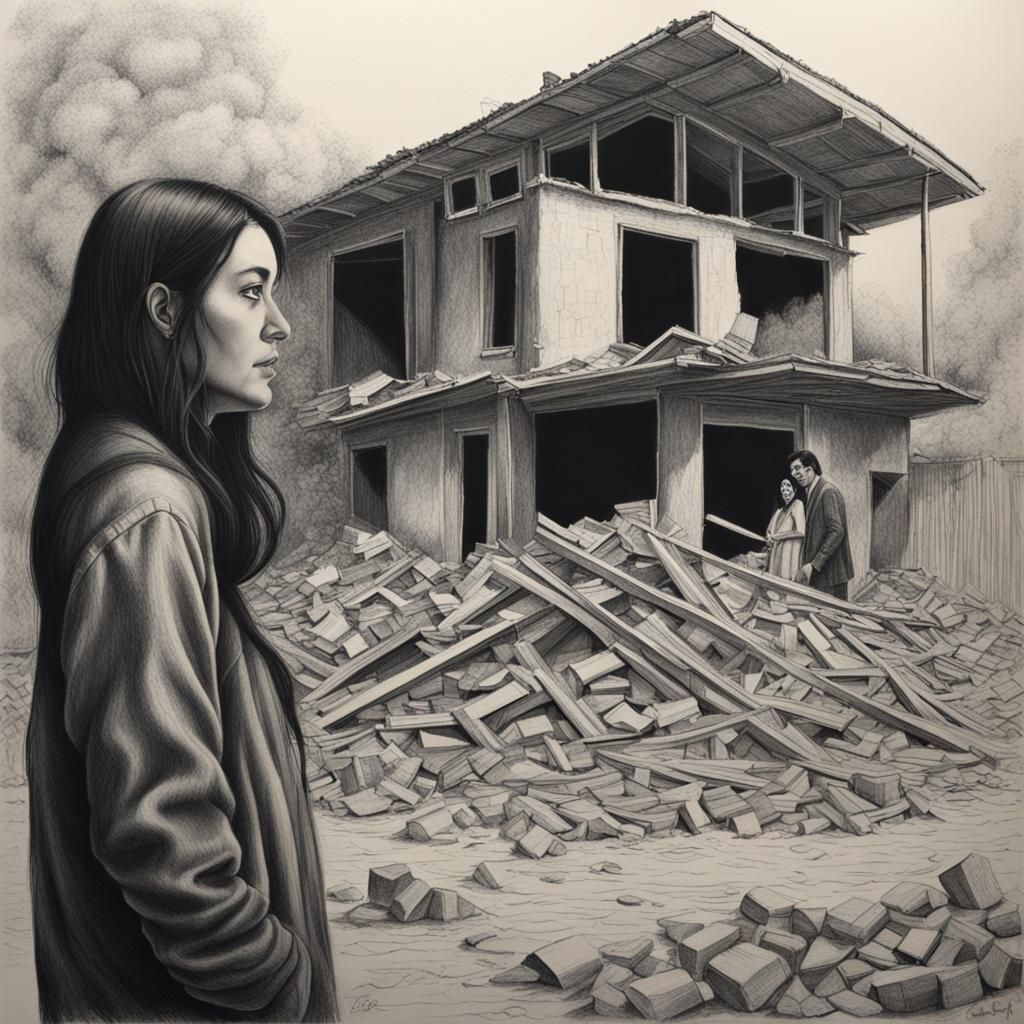Demolished House Charcoal Drawing with Woman
