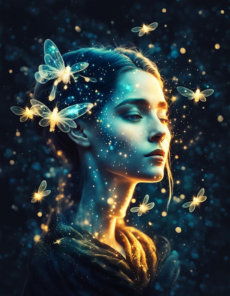 Elven Princess with Fireflies Double Exposure Art
