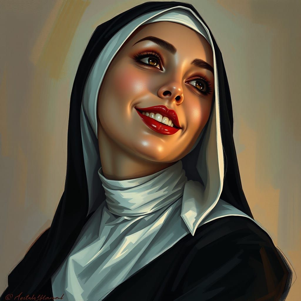 Languid Nun with Radiant Smile in Oil Painting Style