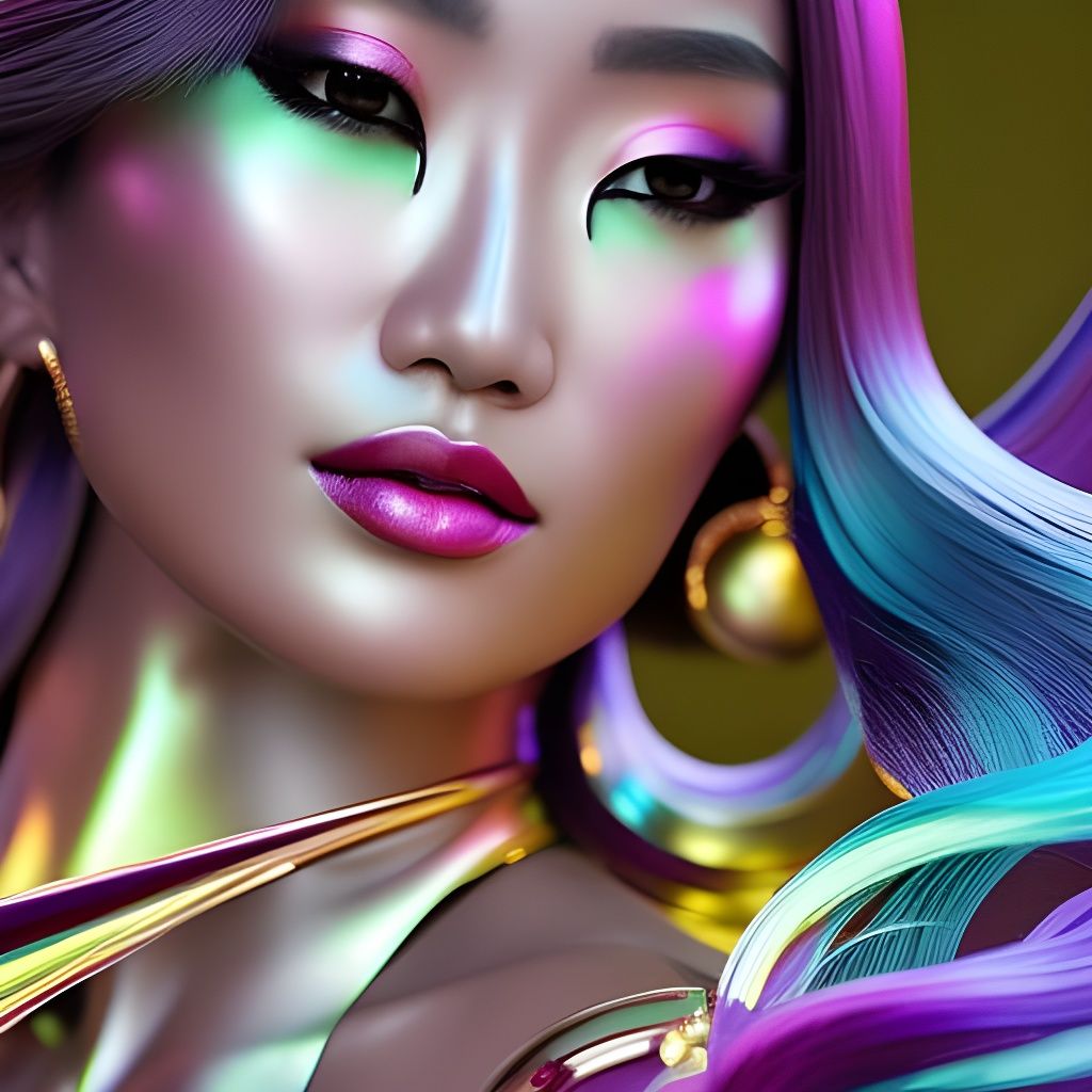 Iridescent Asian Woman Portrait in Modern Fairycore Style