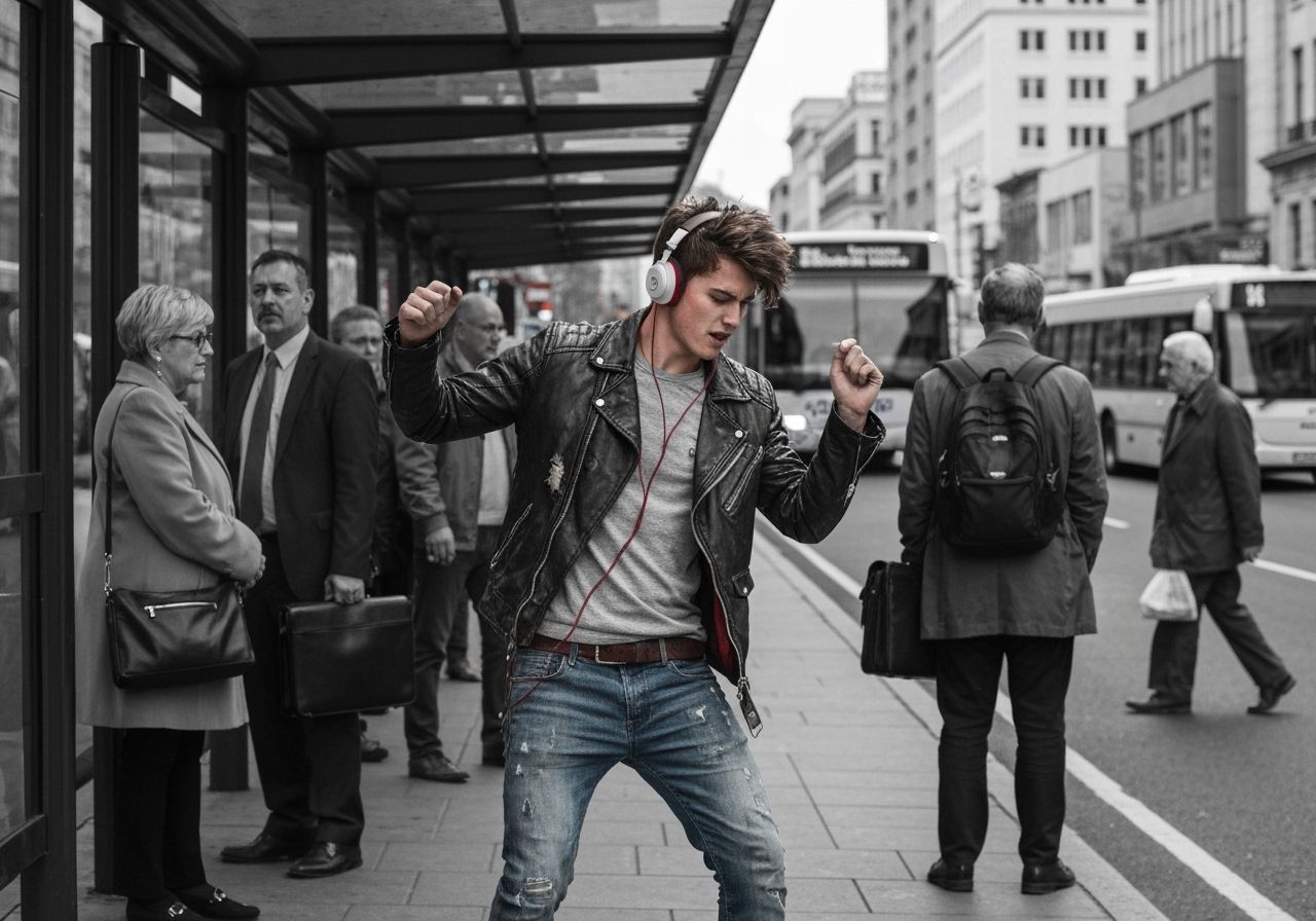 Man Dances at Bus Stop in Vivid Colors