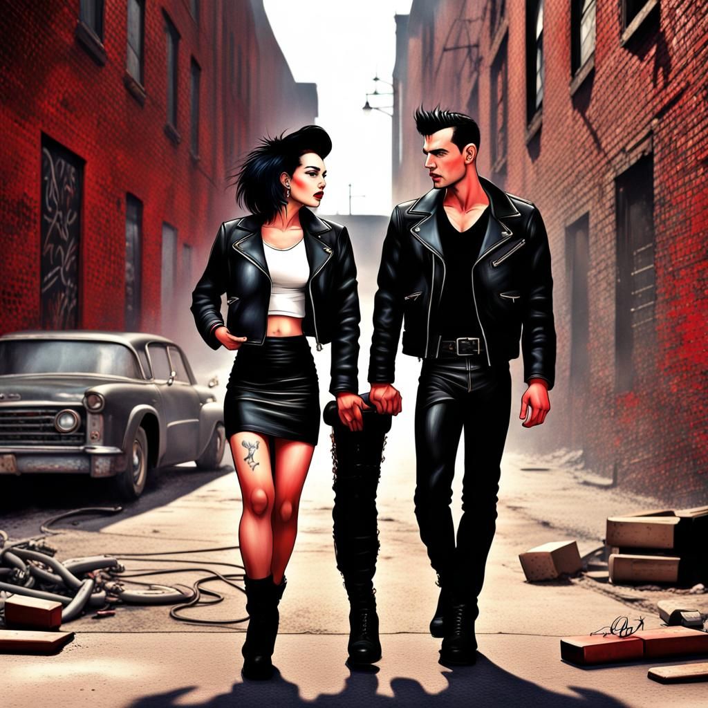Rockabilly Couple in Cityscape Graffiti