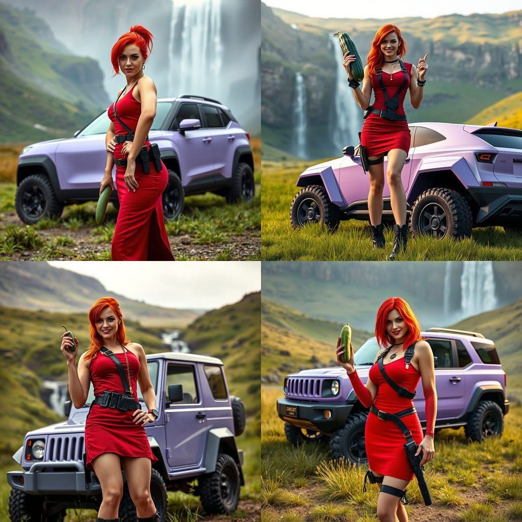 Woman in Tactical Gear with Cucumber by Light Purple SUV