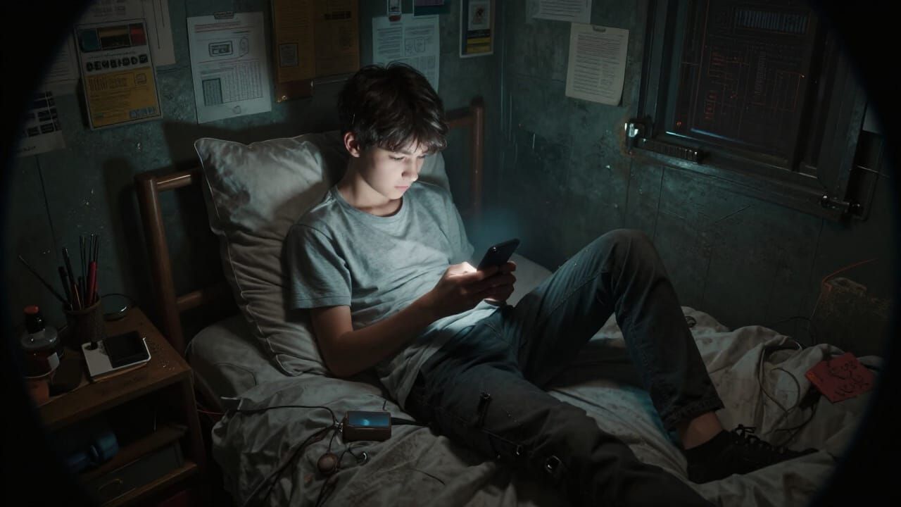 Teenager Glued to Phone in Messy Bedroom, Cyberpunk Style
